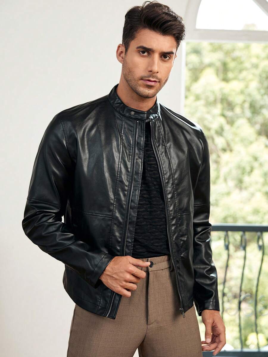 GENTILAND Homens Zip Up Couro Pu Jaqueta - Preto - Visão 1