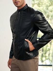 GENTILAND Homens Zip Up Couro Pu Jaqueta - Preto - Visão 3