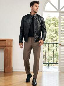 GENTILAND Homens Zip Up Couro Pu Jaqueta - Preto - Visão 5