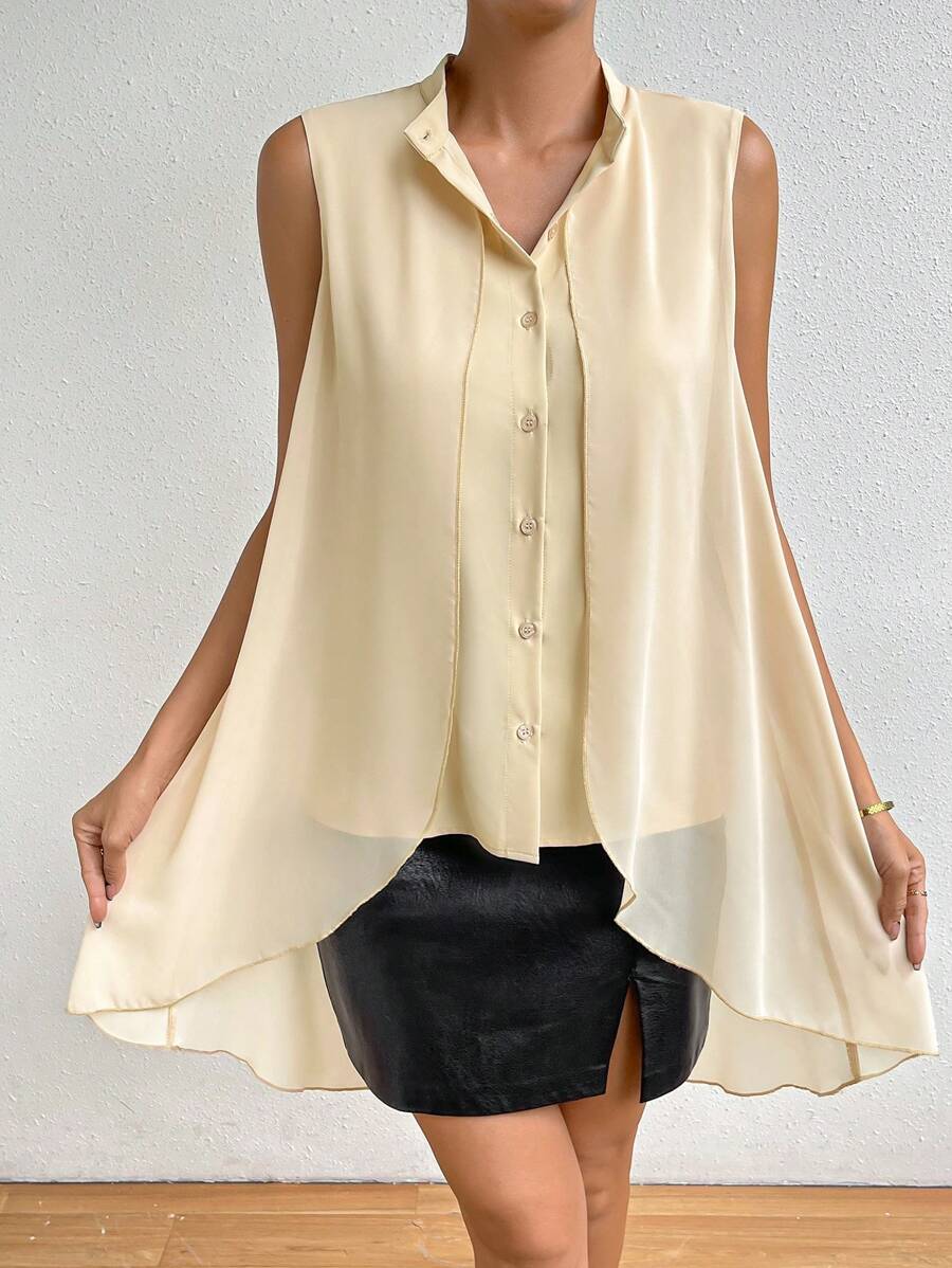 SHEIN Privé 素色前紐扣無袖襯衫 - 杏色 - 查看 1