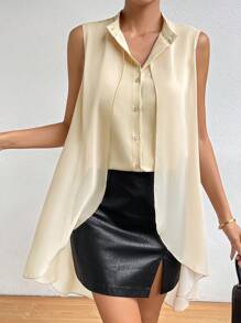 SHEIN Privé 素色前紐扣無袖襯衫 - 杏色 - 查看 6