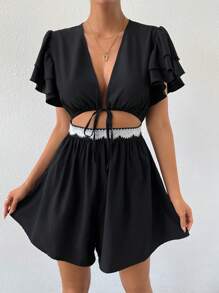 SHEIN VCAY 前繫帶腰部鏤空蝴蝶袖連身短褲 - 黑色 - 查看 2