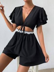 SHEIN VCAY 前繫帶腰部鏤空蝴蝶袖連身短褲 - 黑色 - 查看 4