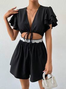 SHEIN VCAY 前繫帶腰部鏤空蝴蝶袖連身短褲 - 黑色 - 查看 5