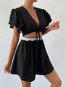 SHEIN VCAY 前繫帶腰部鏤空蝴蝶袖連身短褲 - 黑色 - 查看 6