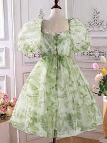 SHEIN 女孩印花泡泡袖連衣裙 - 綠色 - 查看 2