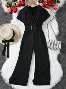 SHEIN Áo liền quần Gái Nút đôi màu trơn Giải trí - màu đen - Xem 1