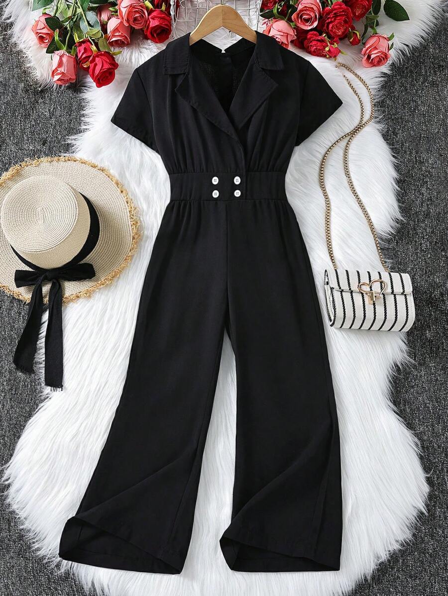 SHEIN Áo liền quần Gái Nút đôi màu trơn Giải trí - màu đen - Xem 1