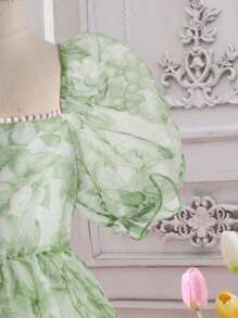 SHEIN 女孩印花泡泡袖連衣裙 - 綠色 - 查看 4