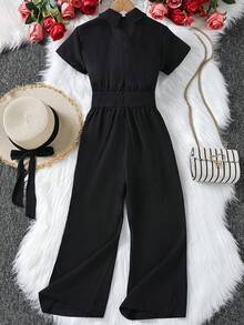 SHEIN Áo liền quần Gái Nút đôi màu trơn Giải trí - màu đen - Xem 2