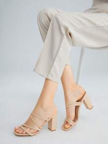 SheIn BIZ 女性極簡風格粗跟穆勒涼鞋,優雅夏天高跟涼鞋 - 杏色 - 查看 1