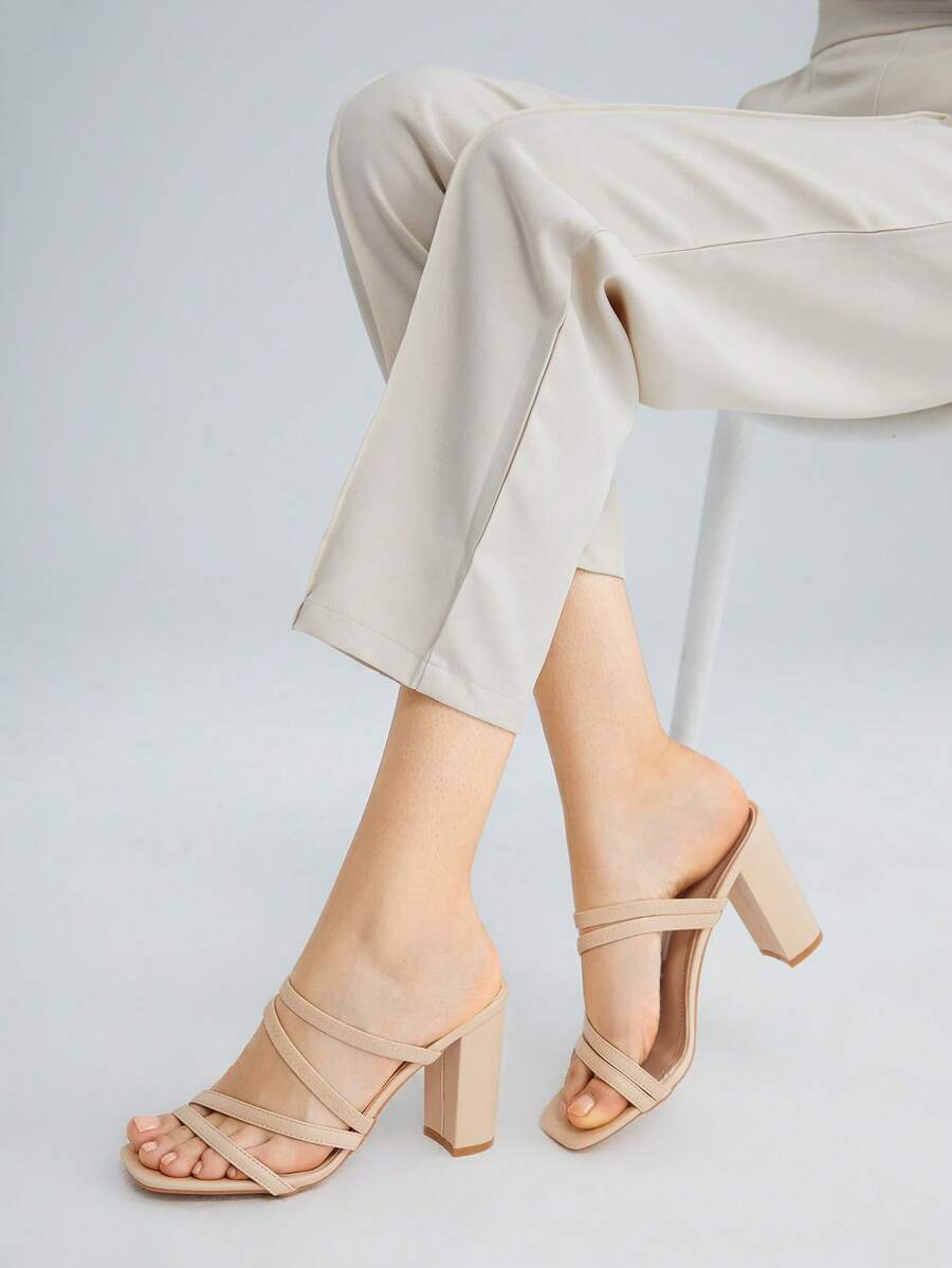 SheIn BIZ 女性極簡風格粗跟穆勒涼鞋,優雅夏天高跟涼鞋 - 杏色 - 查看 1