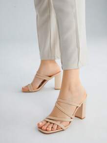 SheIn BIZ 女性極簡風格粗跟穆勒涼鞋,優雅夏天高跟涼鞋 - 杏色 - 查看 3