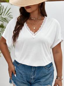 SHEIN Frenchy Hơn Ren tương phản tay cánh Áo thun - trắng - Xem 1
