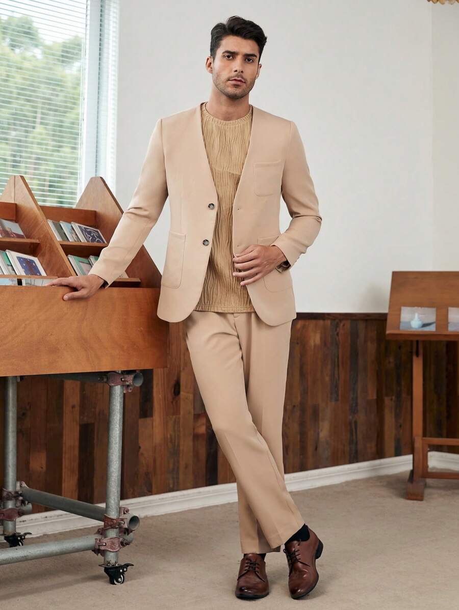 Manfinity NiteLyfe Men Single Breasted Blazer & Suit Trousers Without Tee - Khaki - View 1
