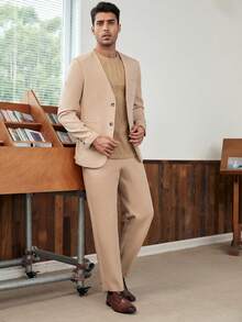 Manfinity NiteLyfe Men Single Breasted Blazer & Suit Trousers Without Tee - Khaki - View 5