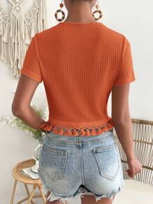 SHEIN VCAY 素色流蘇下擺T恤 - 橘色 - 查看 2