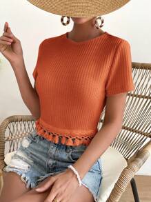 SHEIN VCAY 素色流蘇下擺T恤 - 橘色 - 查看 3