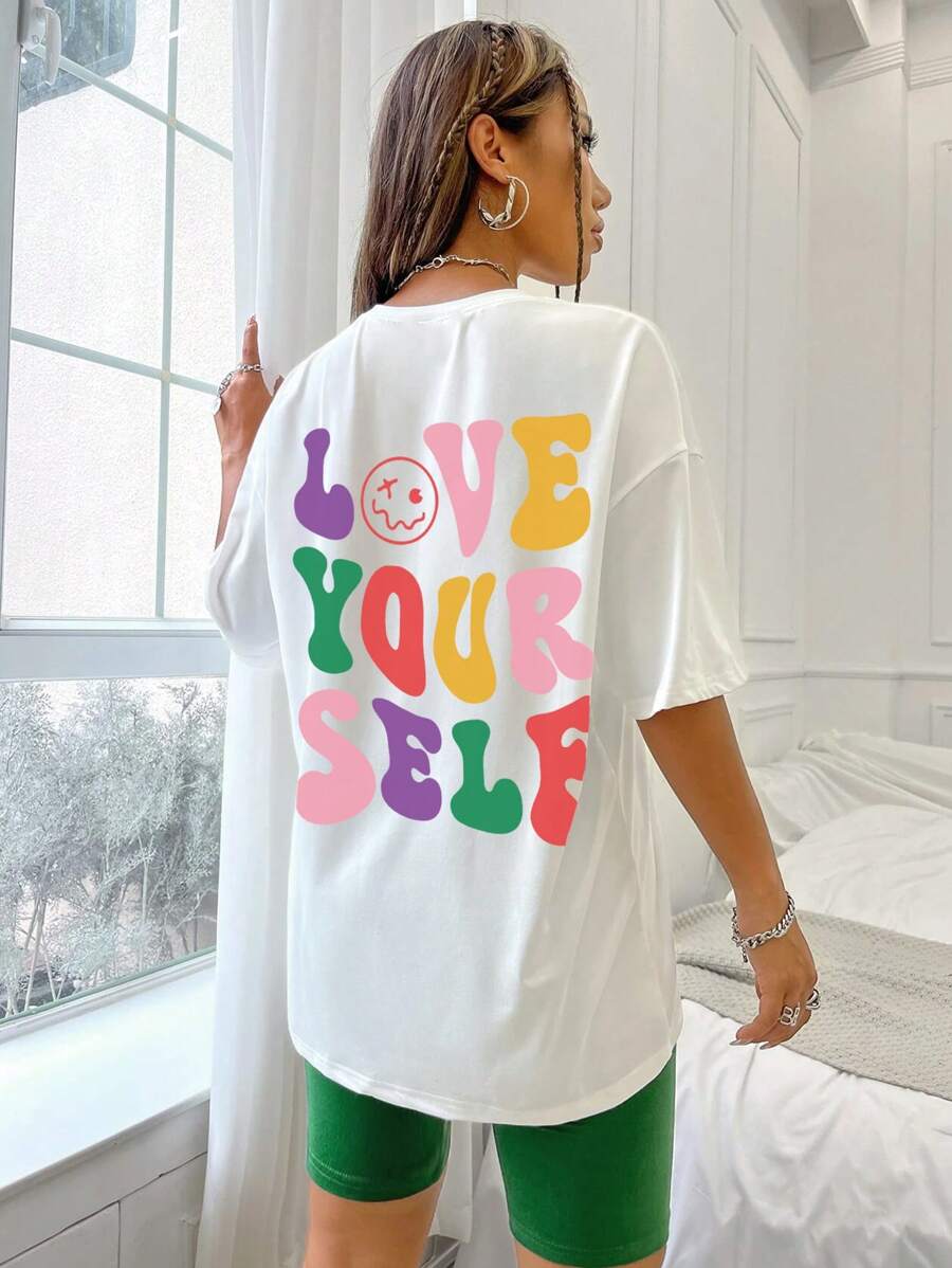 SHEIN Unity 標語圖案落肩T恤和騎行褲 - 彩色 - 查看 1