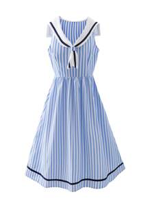 Đầm Thắt nơ trước Sọc Giải trí - Màu xanh lam - Xem 1