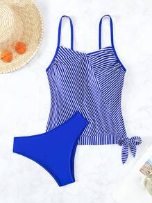 SHEIN Swim Striped Knot Side Tankini Summer Beach - Royal Blue - View 6