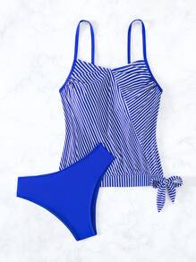 SHEIN Swim Striped Knot Side Tankini Summer Beach - Royal Blue - View 7