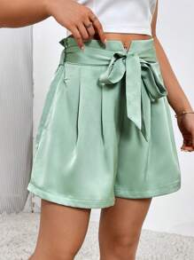 SHEIN Privé Fold Pleated Belted Wide Leg Shorts - Mint Green - View 3