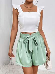 SHEIN Privé Fold Pleated Belted Wide Leg Shorts - Mint Green - View 4