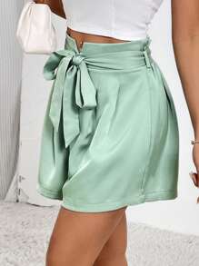 SHEIN Privé Fold Pleated Belted Wide Leg Shorts - Mint Green - View 5