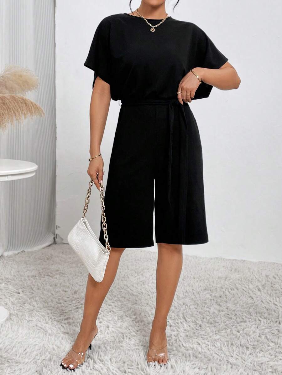 SHEIN Essnce Áo liền quần nữ Dây kéo Thắt lưng màu trơn Giải trí - màu đen - Xem 1