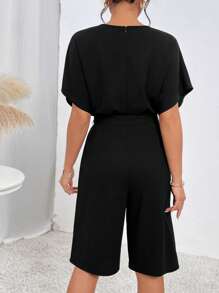 SHEIN Essnce Áo liền quần nữ Dây kéo Thắt lưng màu trơn Giải trí - màu đen - Xem 2