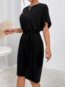 SHEIN Essnce Áo liền quần nữ Dây kéo Thắt lưng màu trơn Giải trí - màu đen - Xem 3