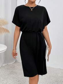 SHEIN Essnce Áo liền quần nữ Dây kéo Thắt lưng màu trơn Giải trí - màu đen - Xem 4