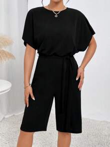 SHEIN Essnce Áo liền quần nữ Dây kéo Thắt lưng màu trơn Giải trí - màu đen - Xem 5