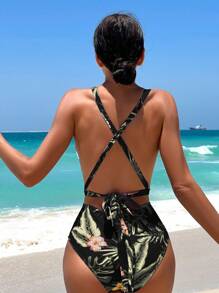 Tropical Print Plunge One Piece Swimsuit - Multicolor - View 2