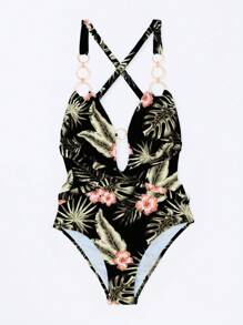 Tropical Print Plunge One Piece Swimsuit - Multicolor - View 3