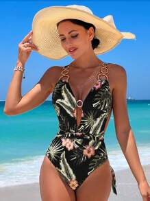 Tropical Print Plunge One Piece Swimsuit - Multicolor - View 4