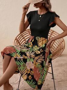 SHEIN VCAY 熱帶圖案荷葉邊連衣裙 - 黑色 - 查看 2