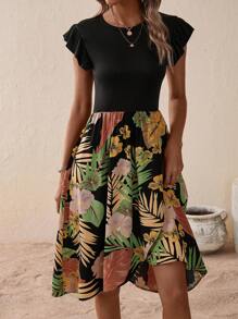 SHEIN VCAY 熱帶圖案荷葉邊連衣裙 - 黑色 - 查看 1