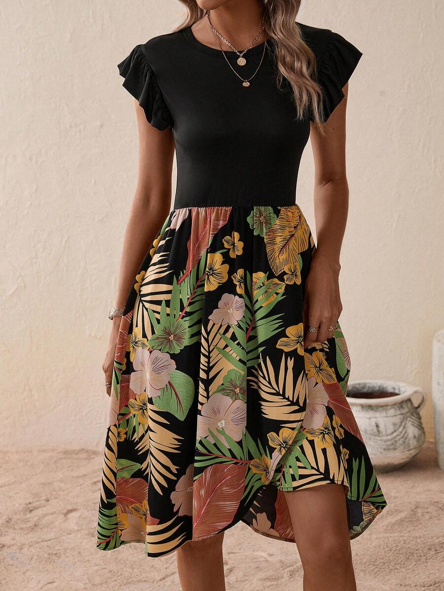 SHEIN VCAY 熱帶圖案荷葉邊連衣裙 - 黑色 - 查看 1