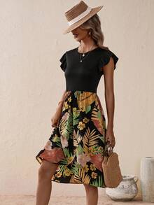 SHEIN VCAY 熱帶圖案荷葉邊連衣裙 - 黑色 - 查看 5