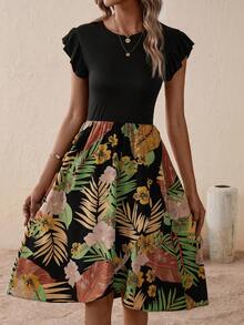 SHEIN VCAY 熱帶圖案荷葉邊連衣裙 - 黑色 - 查看 6