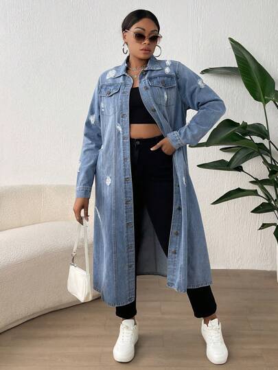 Slaydiva Talla grande 1 pieza Cazadora mezclilla con bolsillo con solapa desgarro