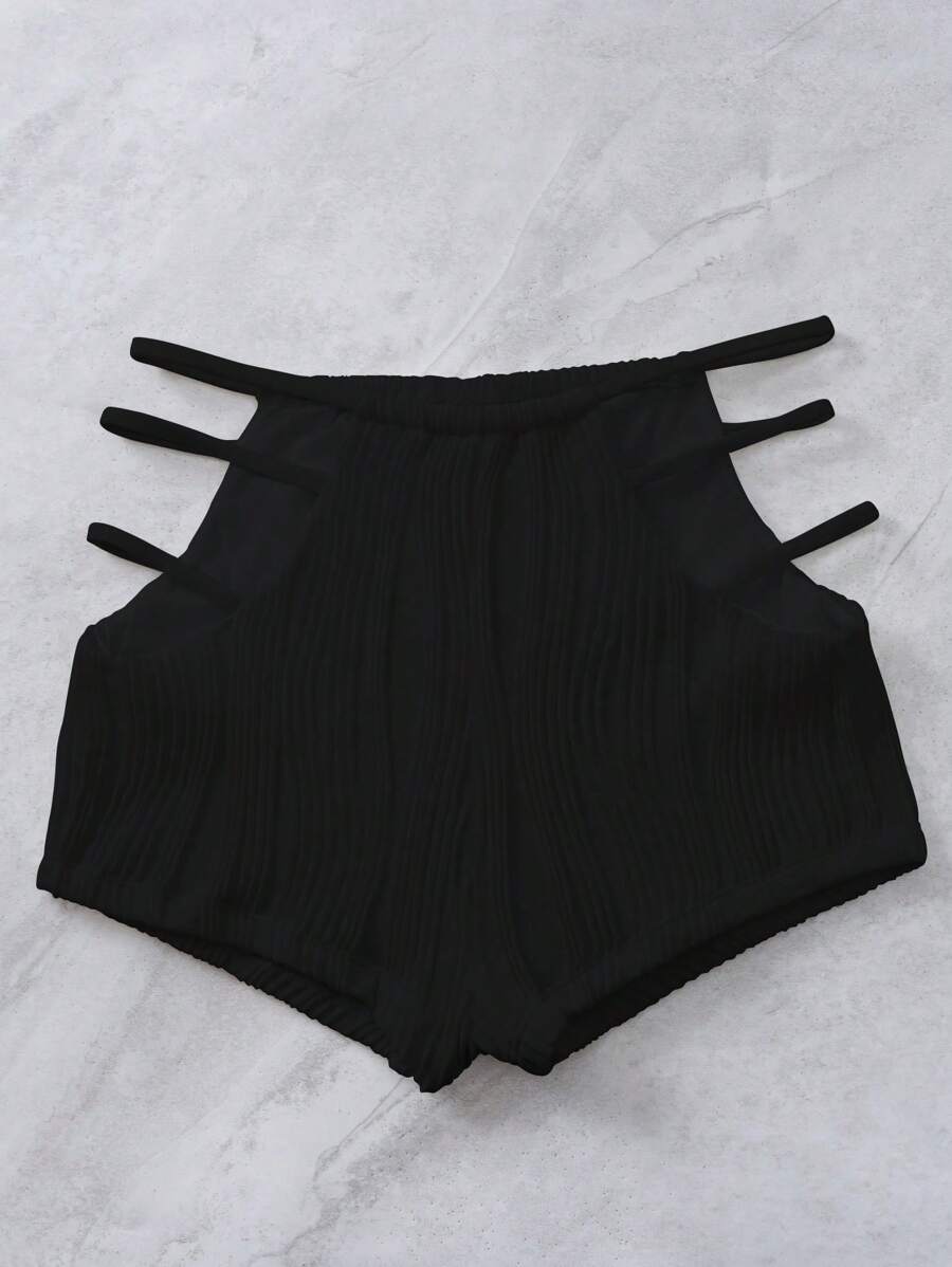 SHEIN Swim 側邊鏤空比基尼短褲 - 黑色 - 查看 1