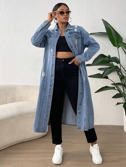 Slaydiva Plus 1pc Flap Pocket Ripped Denim Coat, Fall Women Clothes