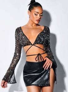 SHEIN BAE 性感透視透明有珠飾交叉束縛女士上衣,夜店派對裝 - 黑色 - 查看 3