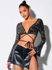 SHEIN BAE 性感透視透明有珠飾交叉束縛女士上衣,夜店派對裝 - 黑色 - 查看 5
