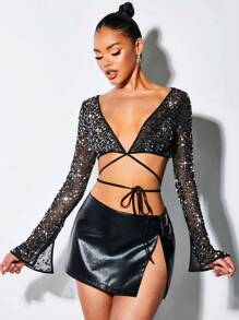 SHEIN BAE 性感透視透明有珠飾交叉束縛女士上衣,夜店派對裝 - 黑色 - 查看 6