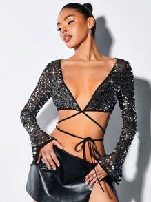 SHEIN BAE 性感透視透明有珠飾交叉束縛女士上衣,夜店派對裝 - 黑色 - 查看 1