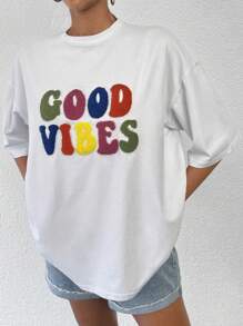 EURMUSE Slogan Pattern Drop Shoulder Tee - White - View 2